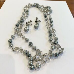 Pearl Necklace vintage earrings set gray pearl long crystal glass silver